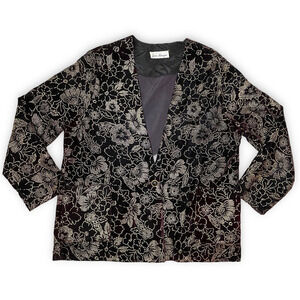 🍀 Jeri Marque Women's Black Wine Gold Embellished Floral Evening Blazer XL READ